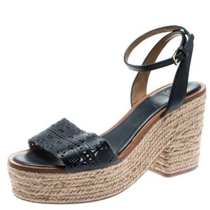Tory Burch Roselle Navy Laser Cut Leather Platform Espadrille Sandals, Size 10.5